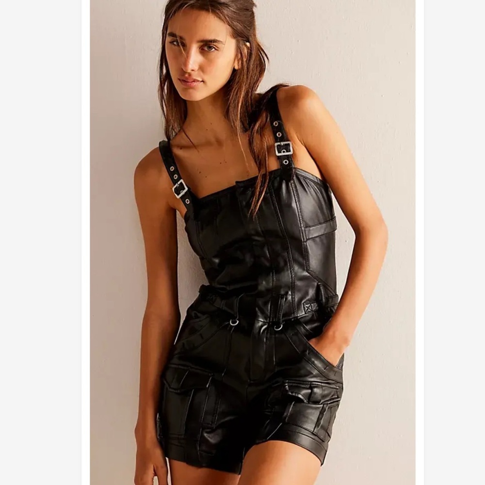 Free People - Harlin Black Vegan Leather One-Piece - Picture 2 of 9